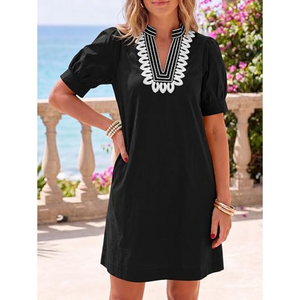 Women's Green V Neck A Line Short Sleeve A Line Embroidered Boho Short Dress - Picture 2 of 5